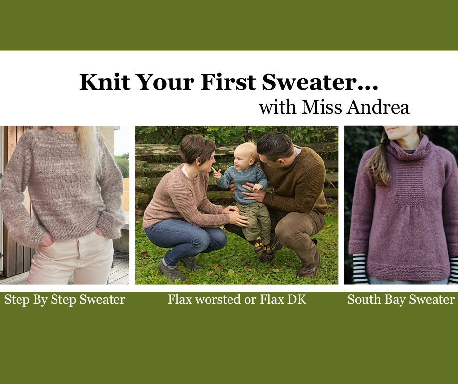 Knit Your First Sweater with Miss Andrea - Wednesdays 6:00-8:00 PM   April 9, 16, 30 & May 14