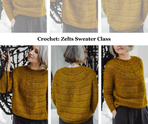 Crochet: Zelts Sweater Class       Mondays 6-8      January 20, 27, & February 3, 10 and 17th